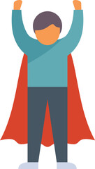 Superhero is raising his arms in the air, celebrating a victory