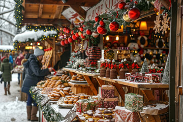 A cozy Christmas market stall filled with handmade gifts, colorful decorations, and holiday treats, surrounded by a festive crowd