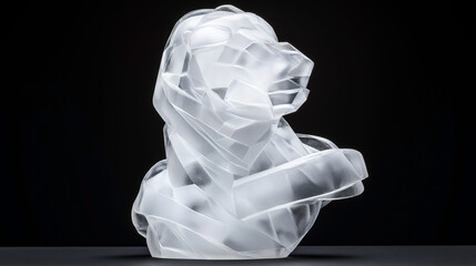Abstract geometric sculpture of a lion head made from translucent material against a dark background, showcasing intricate faceted design and modern artistic expression.