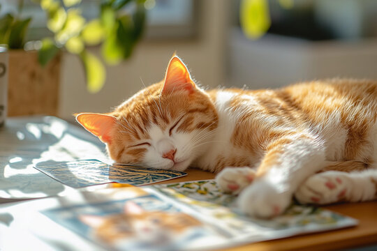 Orange cat sleeping on table next to greeting cards