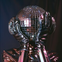 A futuristic figure with a disco ball helmet and reflective gloves, creating a surreal and glamorous scene under dramatic lighting.