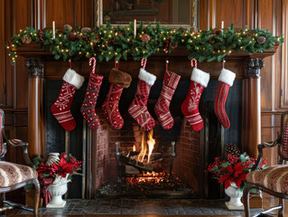 A cozy fireplace adorned with traditional red and white Christmas stockings, filled with small gifts and candy canes, surrounded by holiday decor