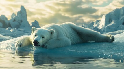 Fototapeta premium The Grinch like polar bear sprawled lazily on a shimmering ice floe, a playful glint in its eyes after a day of frolicking in the snow