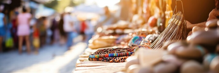 Obraz premium A vibrant market stall filled with handcrafted jewelry and wares is lit by a warm sunset, depicting a lively scene of culture and trade in an outdoor setting.