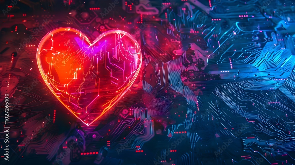 Wall mural pulsating neon heart surrounded by digital circuits symbolizing the intersection of love and technol