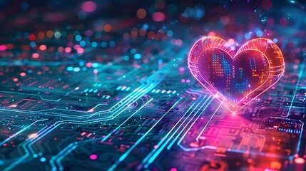 Fototapeta premium Pulsating Neon Heart Digital Circuit Futuristic Concept Symbolizing Love and Technology