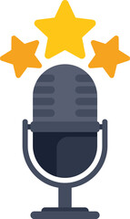 This vector illustration shows a studio microphone with three stars above, representing positive feedback and a five star rating