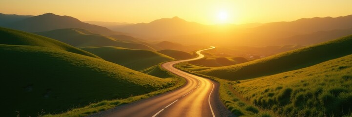 Fototapeta premium A scenic winding road through lush green hills at sunset, perfect for travel, nature, and lifestyle themes.