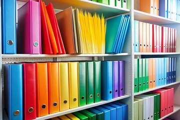 Fototapeta premium A colorful shelf of binders with different colors and sizes