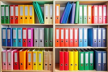 A colorful shelf of binders with different colors and sizes