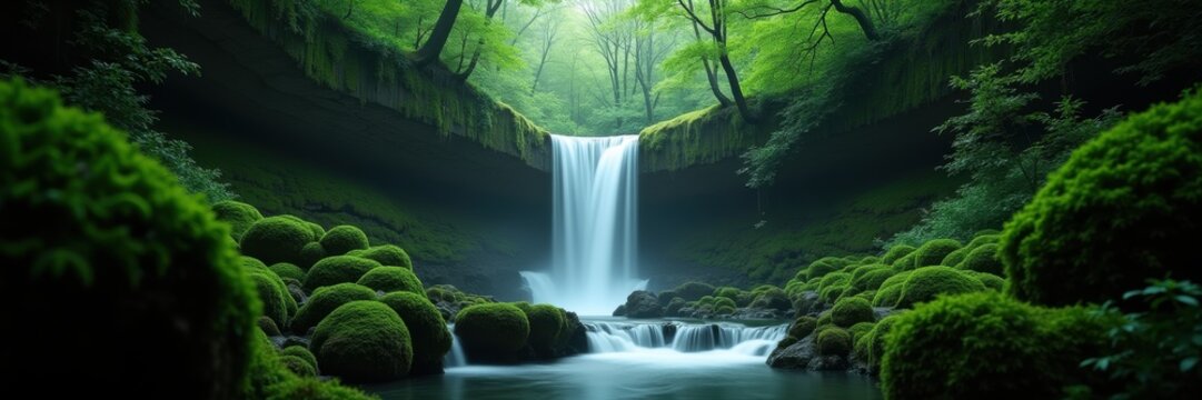 A serene waterfall flowing through lush green moss, surrounded by vibrant forest foliage, evoking tranquility and natural beauty.