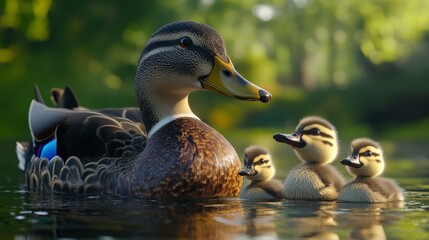 Fototapeta premium Mommy Duck and Her Ducklings on a Peaceful Lake