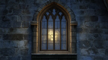 A single gothic arched window with glowing light from inside, set in a stone wall.