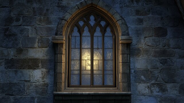 A single gothic arched window with glowing light from inside, set in a stone wall.