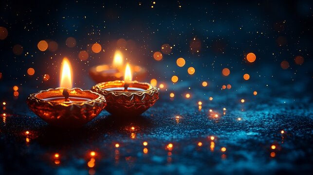 Sophisticated Diwali festival banner adorned shimmering stars and elegant mandalas set on a deep blue background leaving a prominent central area for personalized text or wishes