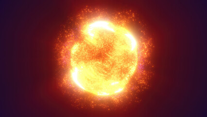 A glowing, fiery sphere with swirling particles and intense energy of heat and motion of energy, fire, and dynamic forces in a futuristic cosmic setting