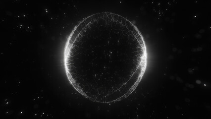 Black and white sphere with illuminated edges and intricate patterns in a cosmic backdrop, representing a futuristic, abstract structure
