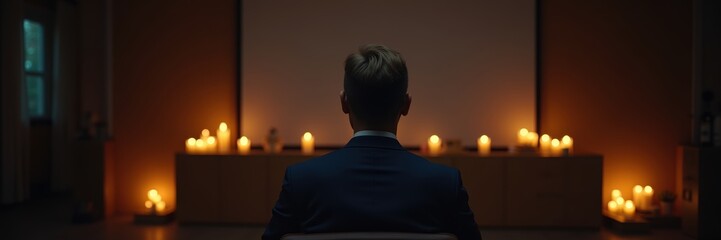 A contemplative figure sits before a dimly lit screen, surrounded by candles, evoking themes of introspection, spirituality, or meditation in a serene environment.