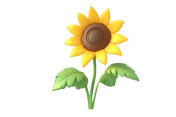 A single sunflower with yellow petals and green leaves, transparent background