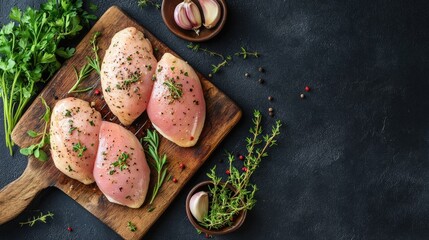 Fototapeta premium Fresh Chicken Breast on Cutting Board with Herbs