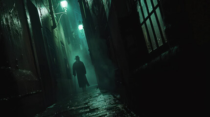 Obraz premium A dark alleyway on Halloween night, with eerie figures lurking and shadows moving ominously.