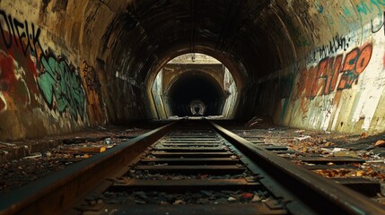 Obraz premium A view down a dark and graffiti-covered tunnel with a light at the end.