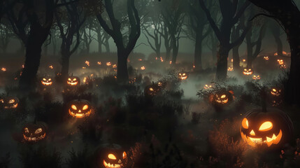 A dark forest illuminated by glowing jack-o-lanterns, with eerie mist and shadows dancing between the trees.