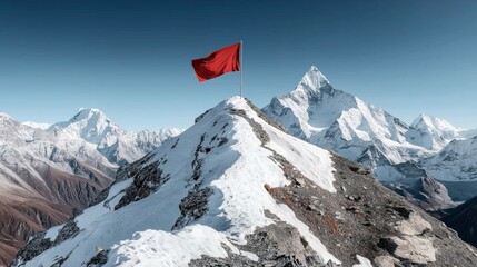 Snow-covered mountain peak with a red flag, surrounded by majestic mountain ranges under a clear blue sky.