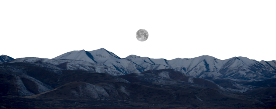 Panoramic hill with detailed rock formations at night with full moon isolated transparent PNG background, adventure cut out transparent isolated
