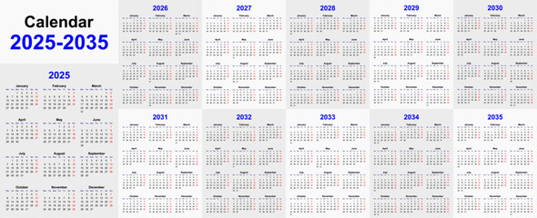 2025 to 2036 calendar collection. vector eps calendar collection of 11 years. 
