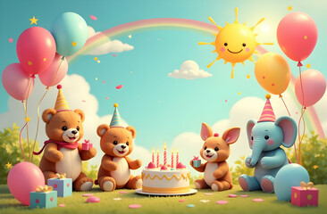 Naklejka premium An adorable scene featuring cheerful teddy bears, a bunny, and an elephant celebrating a birthday. Colorful balloons, a delicious cake with candles, under a bright sun surround them