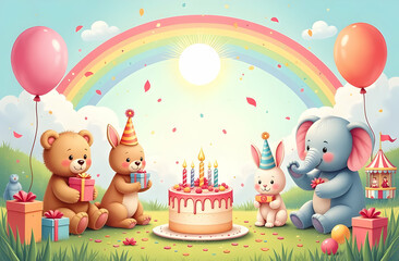 Fototapeta premium An adorable scene featuring cheerful teddy bears, a bunny, and an elephant celebrating a birthday. Colorful balloons, a delicious cake with candles, under a bright sun surround them