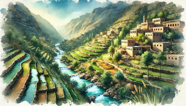 A watercolor painting of Hawraman National Park, featuring terraced hills, stone villages, rivers, and vibrant greenery.