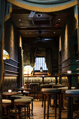 Interior of luxury bar with dim lighting creating a vintage mood