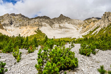 Ofenpass, Zernez, Val dal Botsch, Bergbach, Piz dal Fuorn, Piz dal Botsch, Schotter, Föhren, Wanderweg, Geröll, Gämse, Steinbock, Nationalpark, Alpen, Herbst, Schweiz