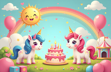 Obraz premium An adorable scene featuring cheerful teddy bears, a bunny, and an elephant celebrating a birthday. Colorful balloons, a delicious cake with candles, under a bright sun surround them