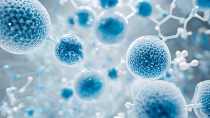 Blue background with a microscopic perspective of virus and molecules, Generative AI