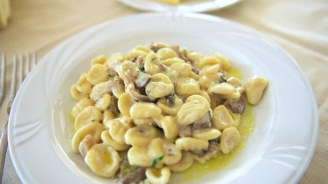 Sardinian pasta homemade dish with fresh goat ricotta cheese, sauteed wild mushroom sauce topping on white plate in Sardinia, Italy macro closeup