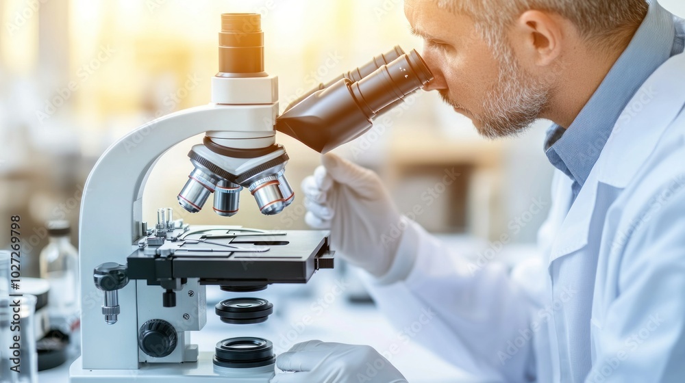 Poster a scientist examining a sample through a microscope