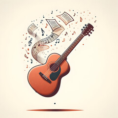 Acoustic guitar surrounded by musical notes and flying music paper on a light brown background
