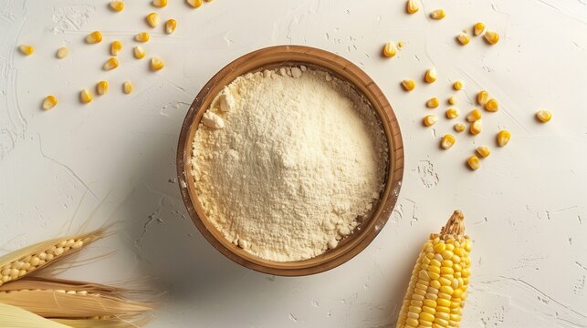 Corn flour vegetable on wooden bowl gluten free for baking recipe healthy food, flat lay view