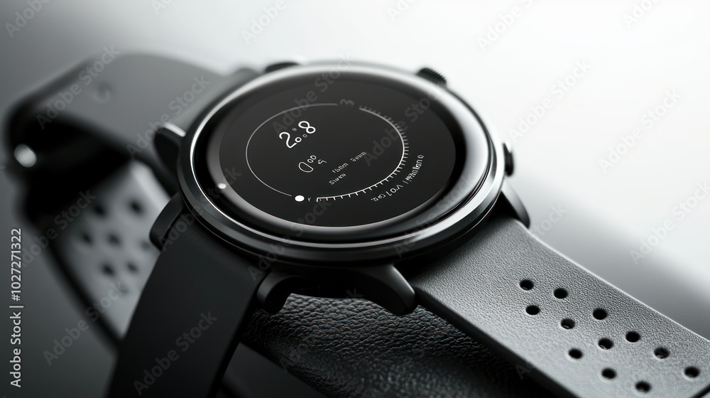 Poster close-up of a black smartwatch with a digital display