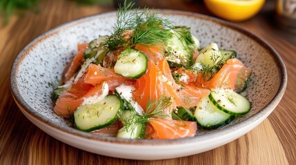 Fresh Salmon and Cucumber Salad in a Bowl