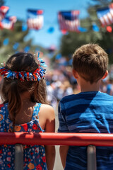 Children watching colorful parade, adorned with festive decorations and surrounded by vibrant flags. Their expressions reflect excitement and joy as they enjoy celebration