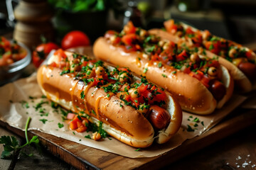 Delicious gourmet hot dogs topped with fresh tomatoes, herbs, and savory sauce, perfect for summer barbecue or casual gathering. Enjoy vibrant flavors