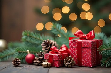 Christmas and new year background - gift boxes and pine cones and branches on the background of bokeh garlands