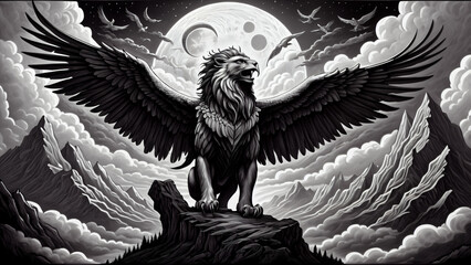 Fototapeta premium Majestic Griffin Amidst the Moonlit Peaks: A Detailed Black-and-White Illustration of a Mythical Creature with a Lion’s Body and Eagle’s Wings, Piercing Eyes, and Feathered Crown