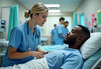 Fototapeta premium Caring Touch in Hospital: A nurse provides compassionate care to a patient in a hospital setting, embodying the essence of empathy and professional healthcare.