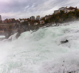 View from viewing platform on Rhine falls (Rheinfalls) the biggest waterfall in Europe