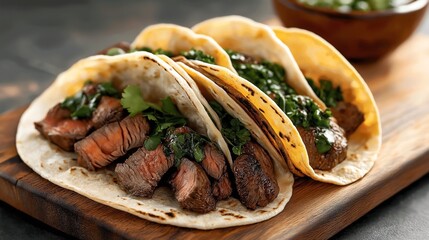 Three beef tacos with cilantro on a wooden board, garnished and ready to serve